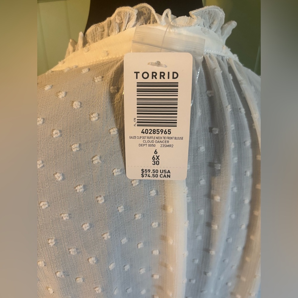 NWT Torrid White Chiffon Clip Dot Lace Ruffle Tie Front Blouse Size 6X - Picture 7 of 7